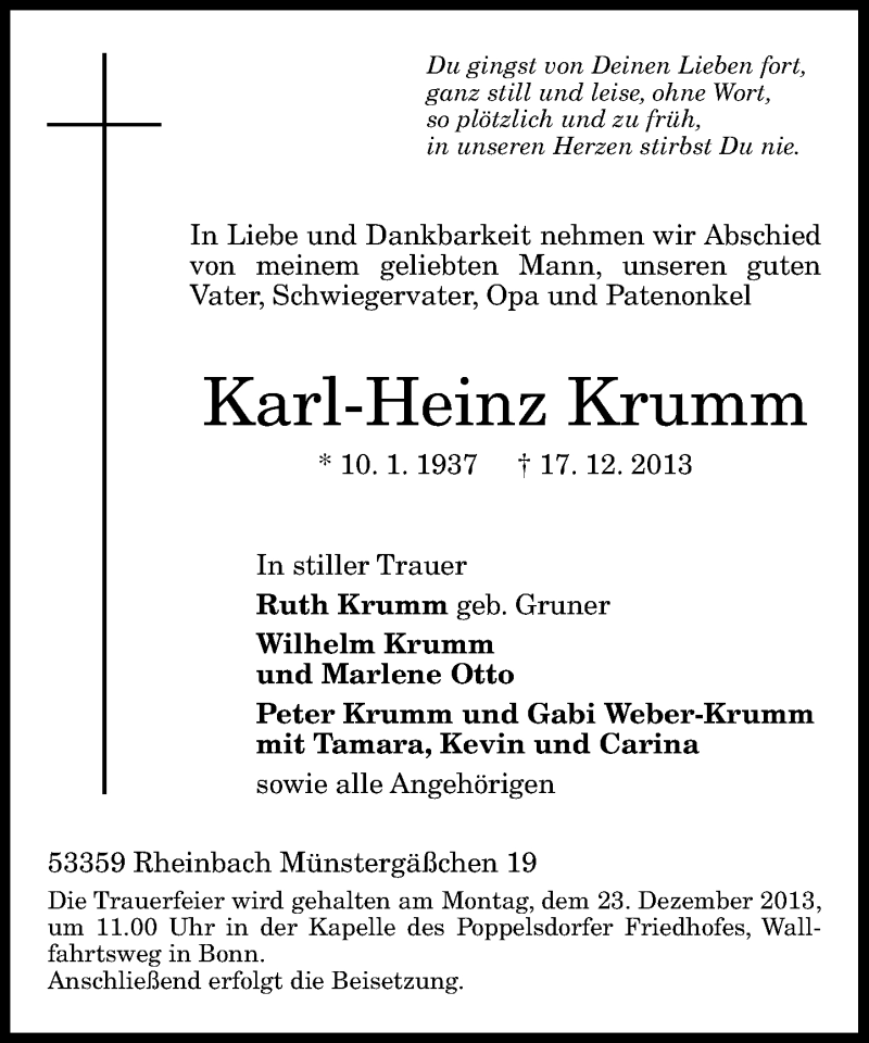  Traueranzeige für Karl-Heinz Krumm vom 19.12.2013 aus General-Anzeiger Bonn