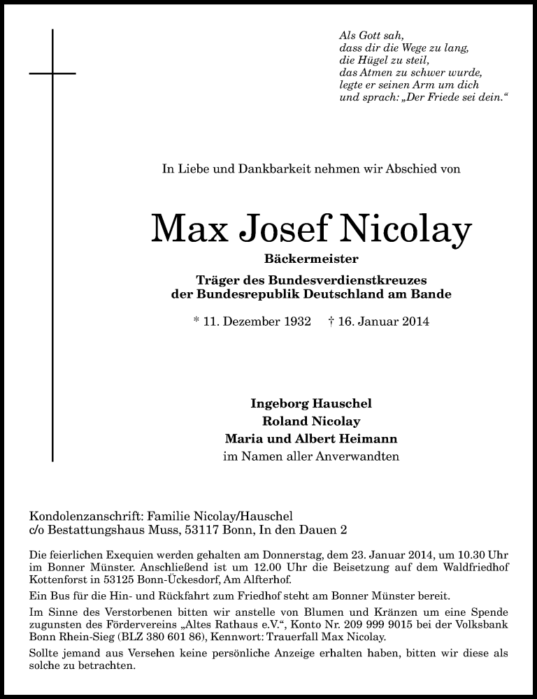  Traueranzeige für Max Josef Nicolay vom 18.01.2014 aus General-Anzeiger Bonn