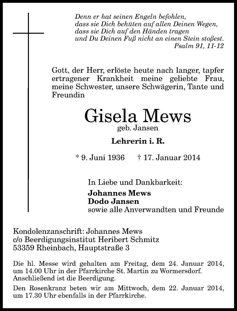  Traueranzeige für Gisela Mews vom 22.01.2014 aus General-Anzeiger Bonn