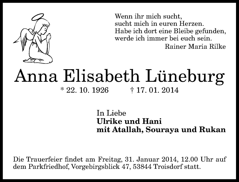  Traueranzeige für Anna Elisabeth Lüneburg vom 30.01.2014 aus General-Anzeiger Bonn