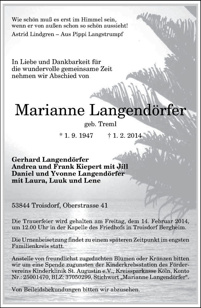  Traueranzeige für Marianne Langendörfer vom 08.02.2014 aus General-Anzeiger Bonn