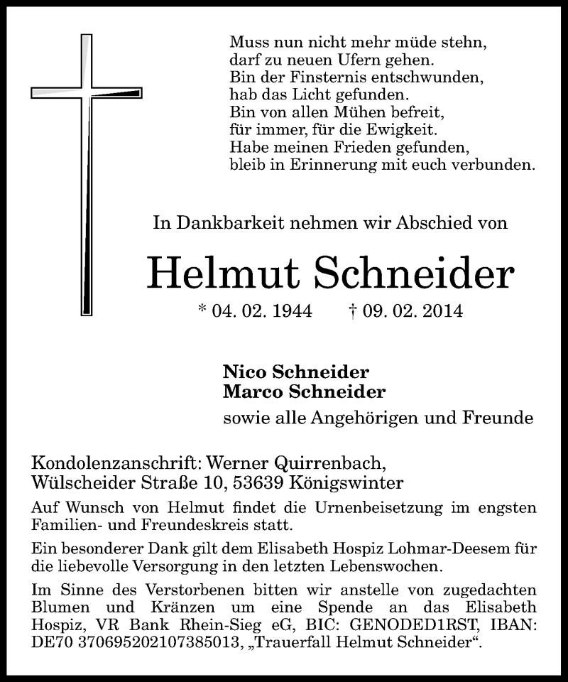  Traueranzeige für Helmut Schneider vom 15.02.2014 aus General-Anzeiger Bonn