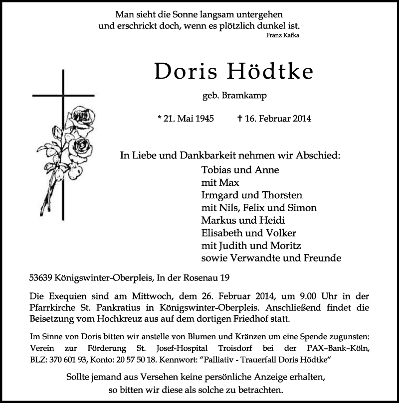  Traueranzeige für Doris Hödtke vom 22.02.2014 aus General-Anzeiger Bonn