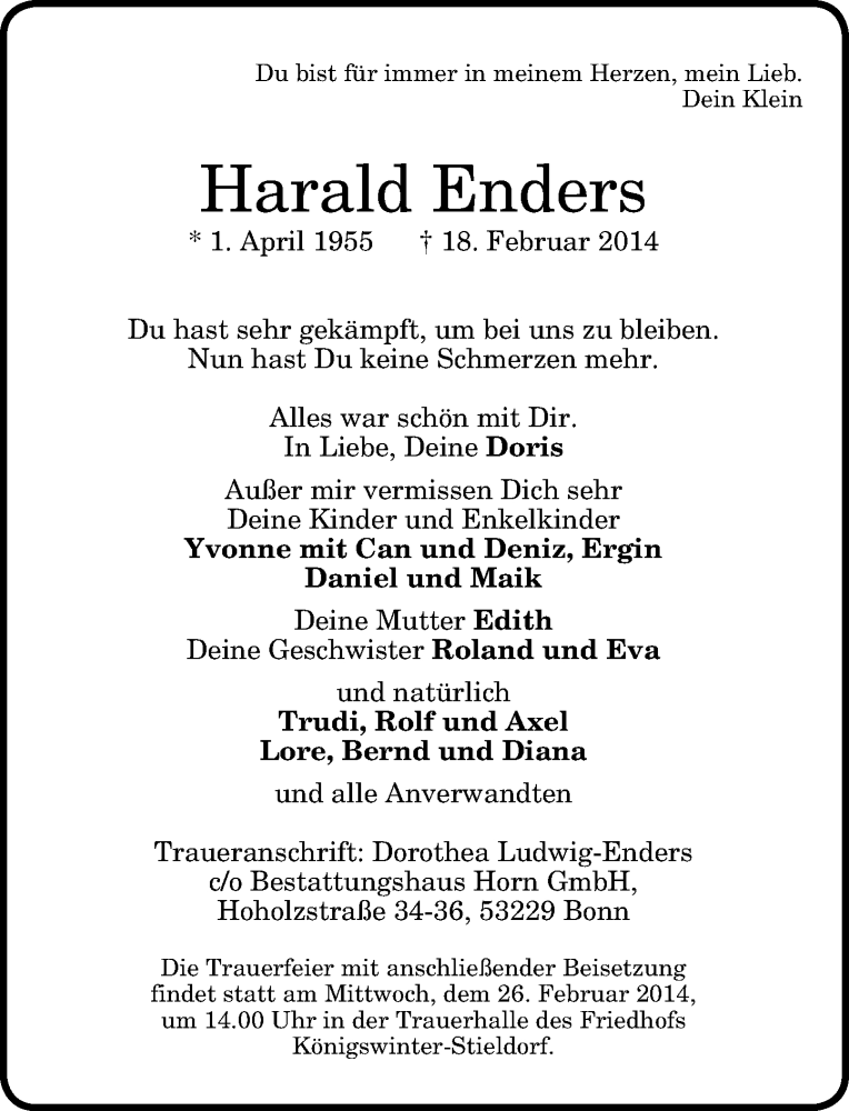  Traueranzeige für Harald Enders vom 22.02.2014 aus General-Anzeiger Bonn