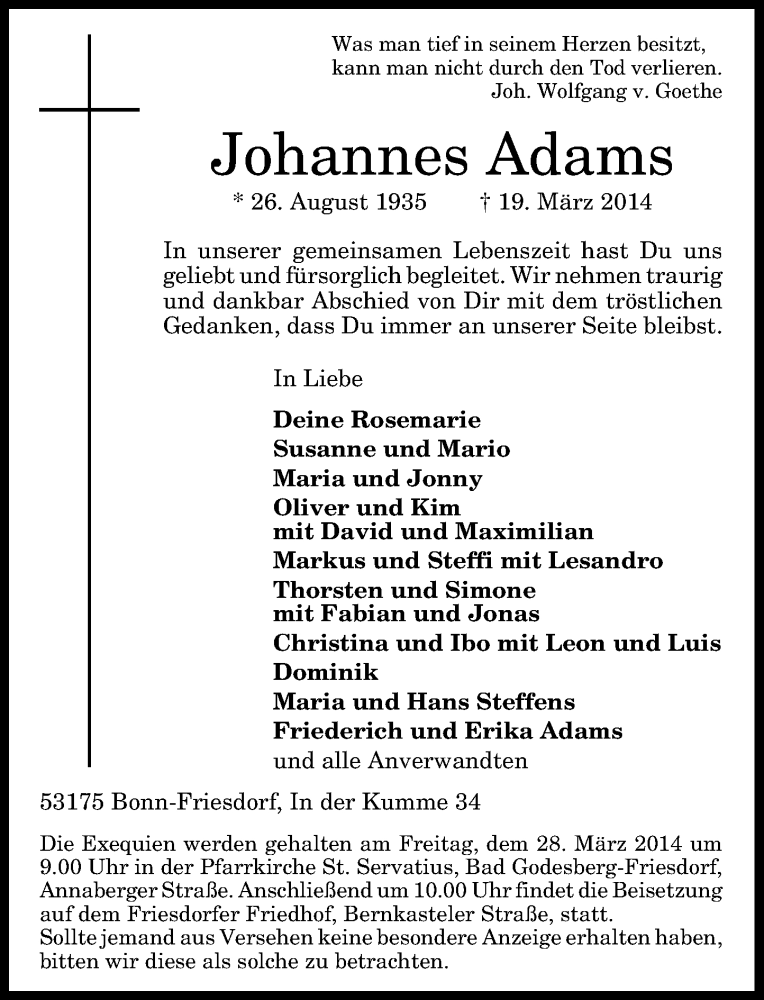  Traueranzeige für Johannes Adams vom 22.03.2014 aus General-Anzeiger Bonn