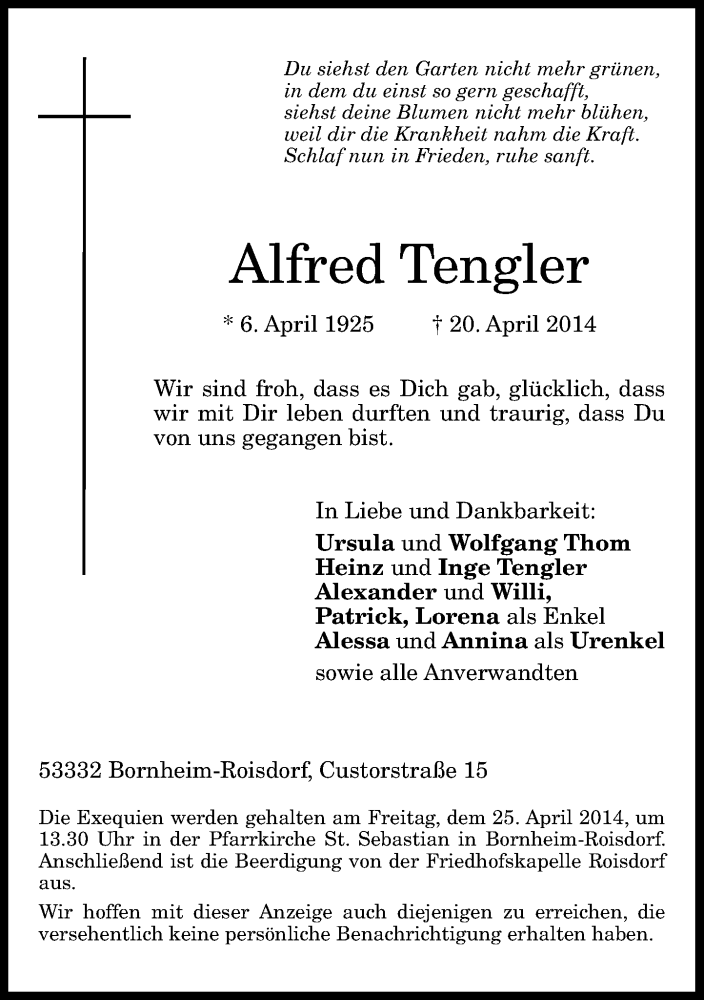  Traueranzeige für Alfred Tengler vom 23.04.2014 aus General-Anzeiger Bonn