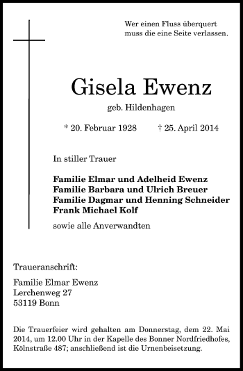 Anzeige von Gisela Ewenz von General-Anzeiger Bonn