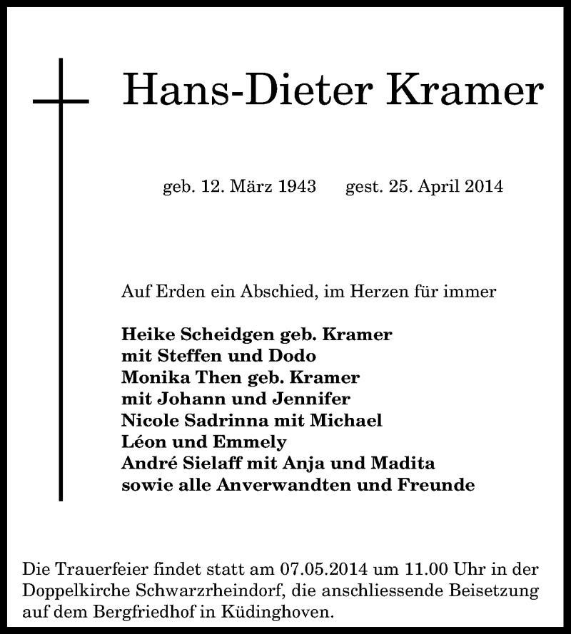  Traueranzeige für Hans-Dieter Kramer vom 03.05.2014 aus General-Anzeiger Bonn
