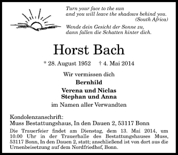 Anzeige von Horst Bach von General-Anzeiger Bonn