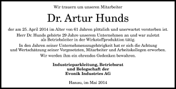 Anzeige von Artur Hunds von General-Anzeiger Bonn