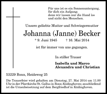 Anzeige von Johanna Becker von General-Anzeiger Bonn