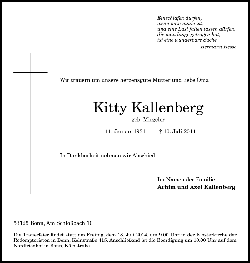  Traueranzeige für Kitty Kallenberg vom 16.07.2014 aus General-Anzeiger Bonn