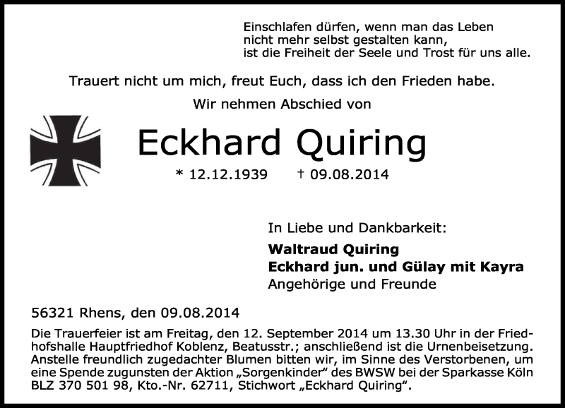  Traueranzeige für Eckhard Quiring vom 06.09.2014 aus General-Anzeiger Bonn
