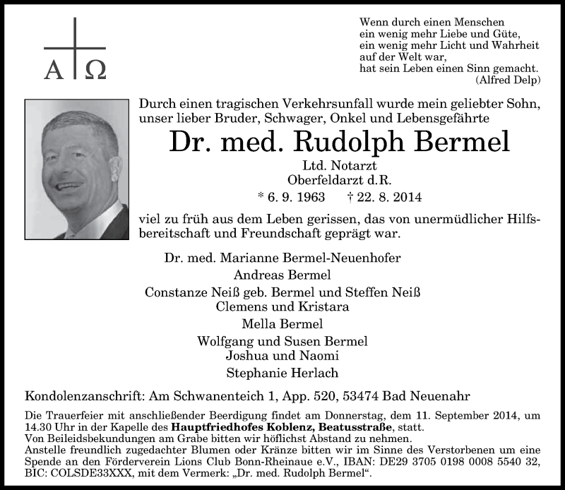  Traueranzeige für Rudolph Bermel vom 06.09.2014 aus General-Anzeiger Bonn