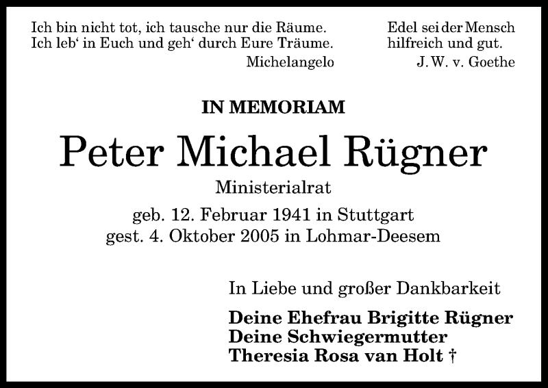  Traueranzeige für Peter Michael Rügner vom 04.10.2014 aus General-Anzeiger Bonn