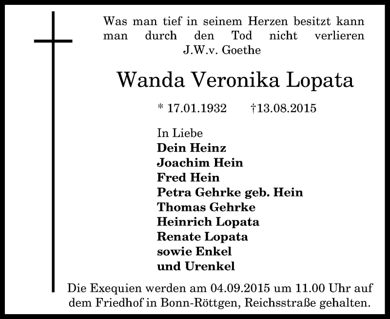  Traueranzeige für Wanda Veronika Lopata vom 29.08.2015 aus General-Anzeiger Bonn