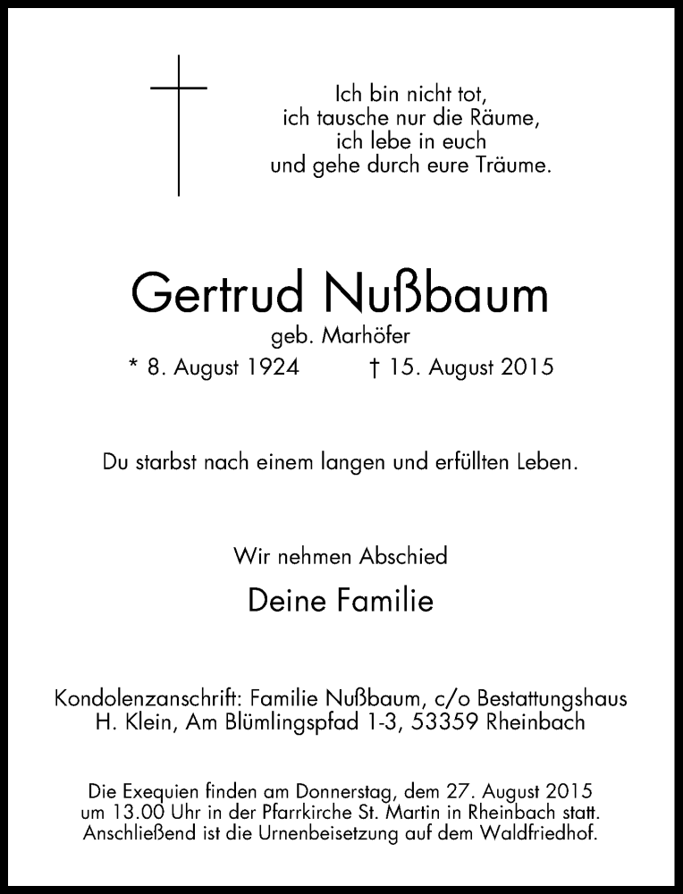  Traueranzeige für Gertrud Nußbaum vom 22.08.2015 aus General-Anzeiger Bonn