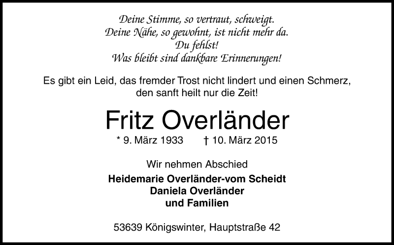  Traueranzeige für Fritz Overländer vom 28.03.2015 aus General-Anzeiger Bonn