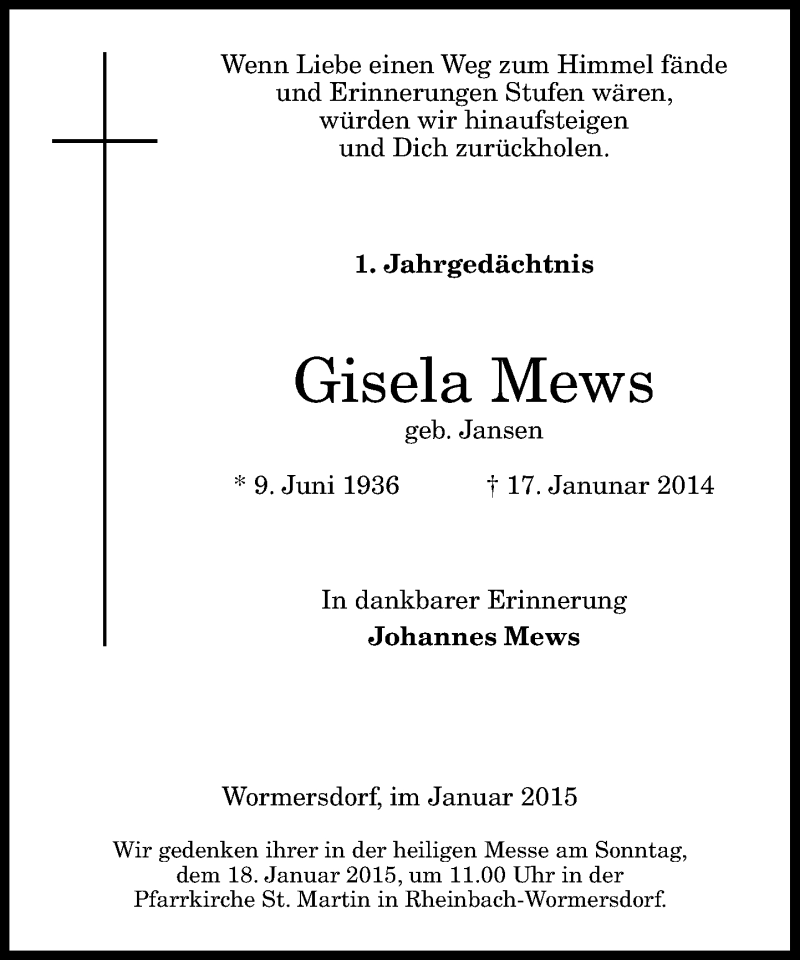 Traueranzeige für Gisela Mews vom 10.01.2015 aus General-Anzeiger Bonn