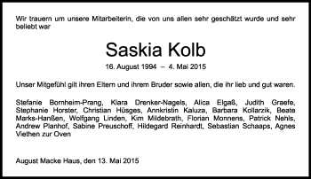 Anzeige von Saskia Kolb von General-Anzeiger Bonn