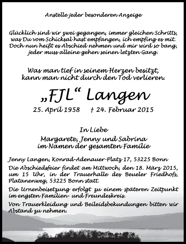  Traueranzeige für Fjl Langen vom 28.02.2015 aus General-Anzeiger Bonn