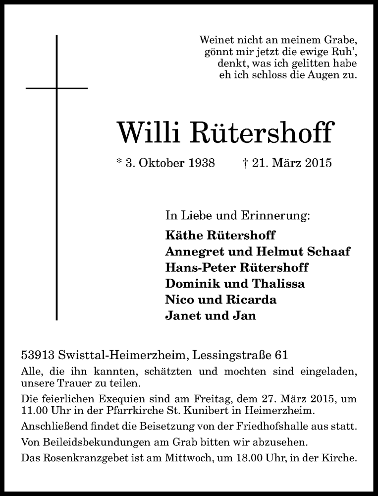  Traueranzeige für Willi Rütershoff vom 25.03.2015 aus General-Anzeiger Bonn