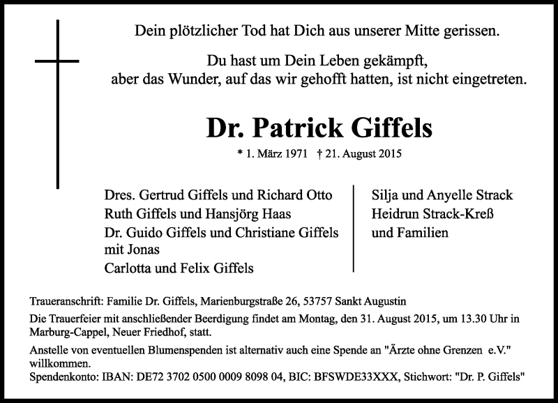  Traueranzeige für Patrick Giffels vom 29.08.2015 aus General-Anzeiger Bonn