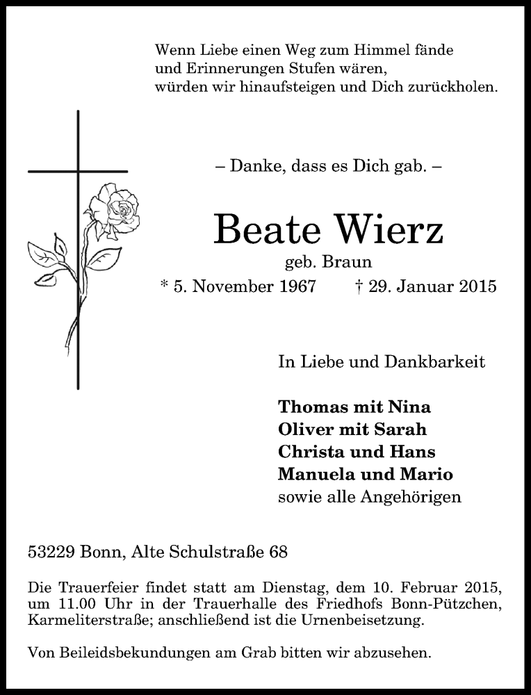  Traueranzeige für Beate Wierz vom 07.02.2015 aus General-Anzeiger Bonn