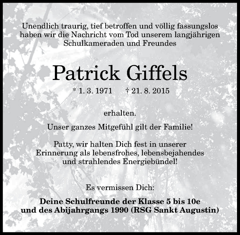  Traueranzeige für Patrick Giffels vom 26.08.2015 aus General-Anzeiger Bonn