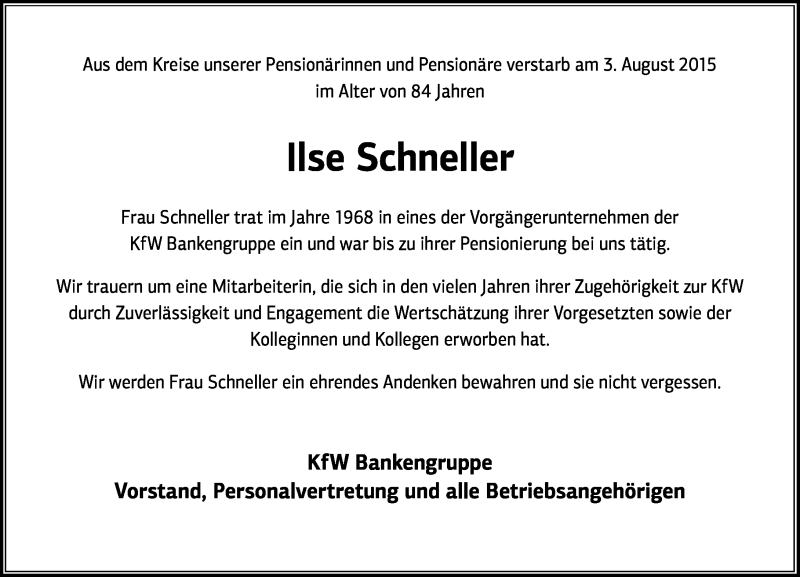  Traueranzeige für Ilse Schneller vom 07.08.2015 aus General-Anzeiger Bonn