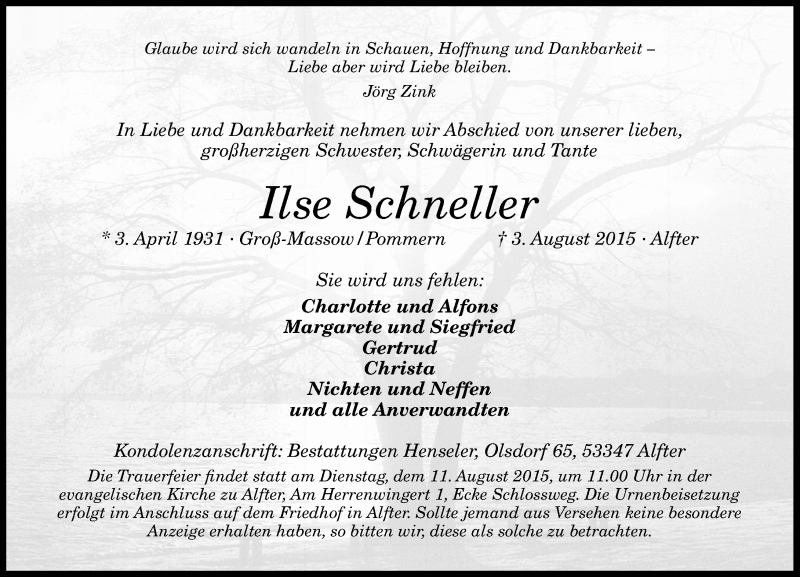  Traueranzeige für Ilse Schneller vom 08.08.2015 aus General-Anzeiger Bonn