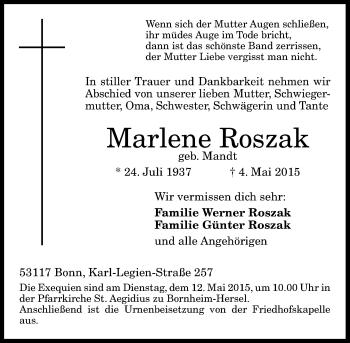 Anzeige von Marlene Roszak von General-Anzeiger Bonn