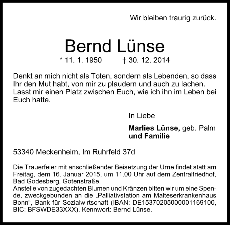  Traueranzeige für Bernd Lünse vom 10.01.2015 aus General-Anzeiger Bonn