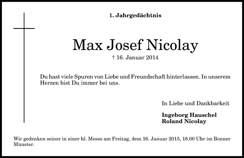  Traueranzeige für Max Josef Nicolay vom 10.01.2015 aus General-Anzeiger Bonn