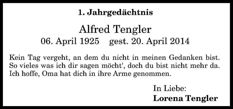  Traueranzeige für Alfred Tengler vom 20.04.2015 aus General-Anzeiger Bonn