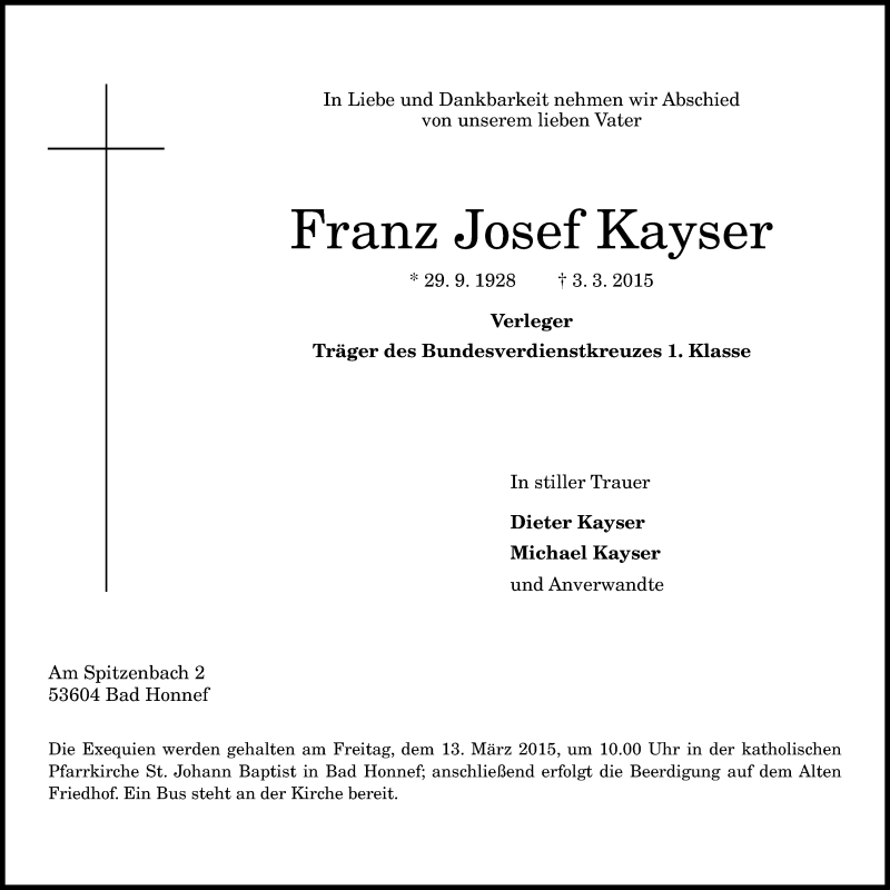  Traueranzeige für Franz Josef Kayser vom 07.03.2015 aus General-Anzeiger Bonn