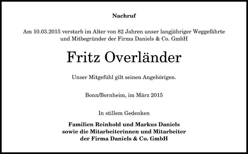 Traueranzeige für Fritz Overländer vom 28.03.2015 aus General-Anzeiger Bonn