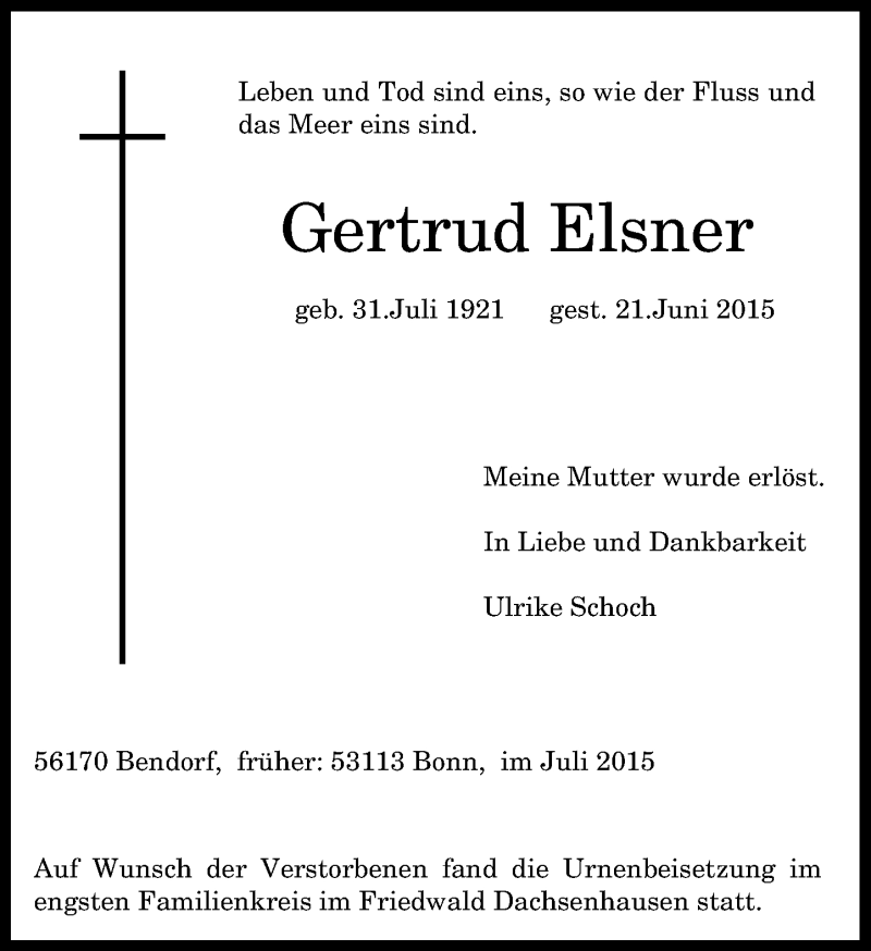  Traueranzeige für Gertrud Elsner vom 11.07.2015 aus General-Anzeiger Bonn