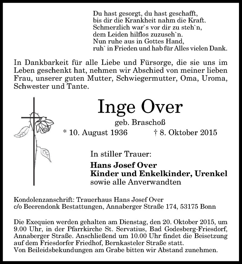  Traueranzeige für Hans-Josef und Inge Over vom 17.10.2015 aus General-Anzeiger Bonn