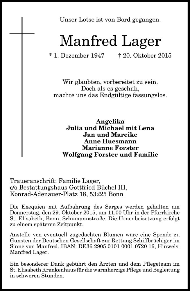  Traueranzeige für Manfred Lager vom 24.10.2015 aus General-Anzeiger Bonn