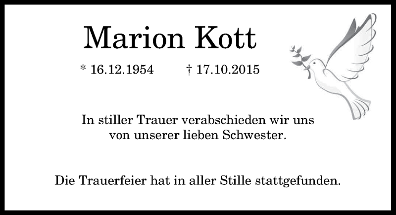  Traueranzeige für Marion Kott vom 31.10.2015 aus General-Anzeiger Bonn
