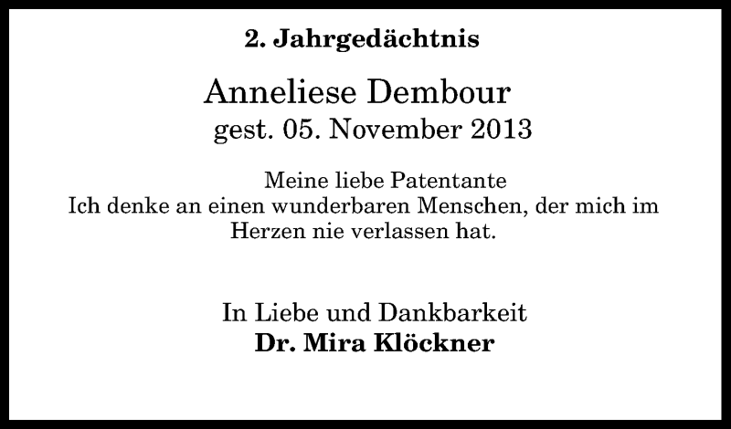  Traueranzeige für Anneliese Dembour vom 05.11.2015 aus General-Anzeiger Bonn