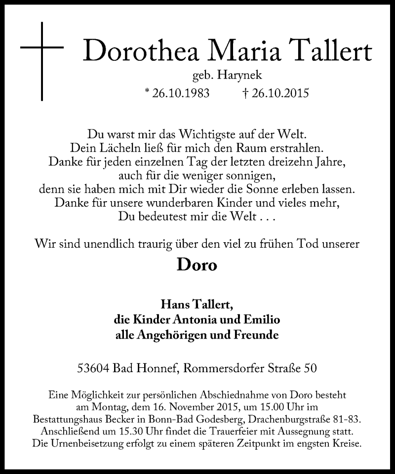  Traueranzeige für Dorothea Maria Tallert vom 12.11.2015 aus General-Anzeiger Bonn