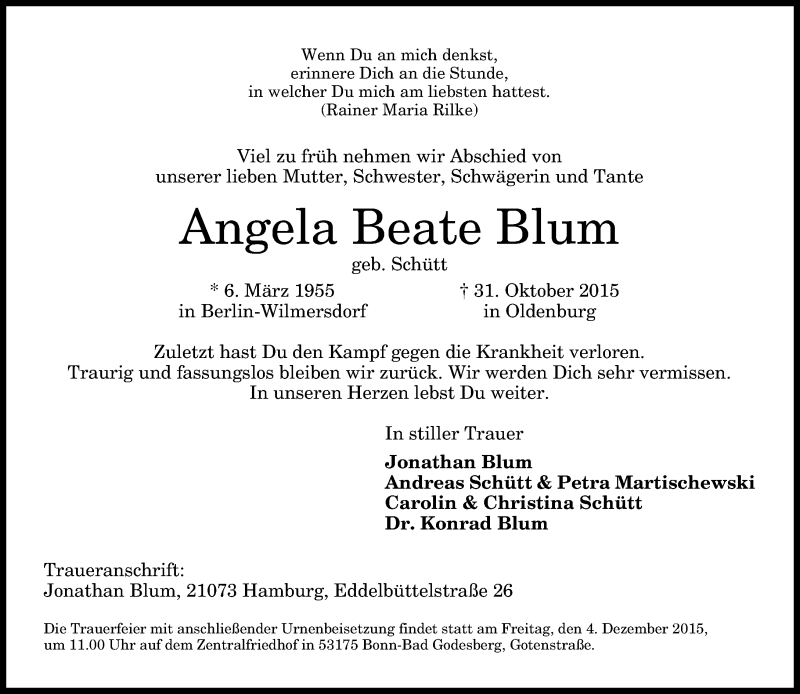  Traueranzeige für Angela Beate Blum vom 28.11.2015 aus General-Anzeiger Bonn