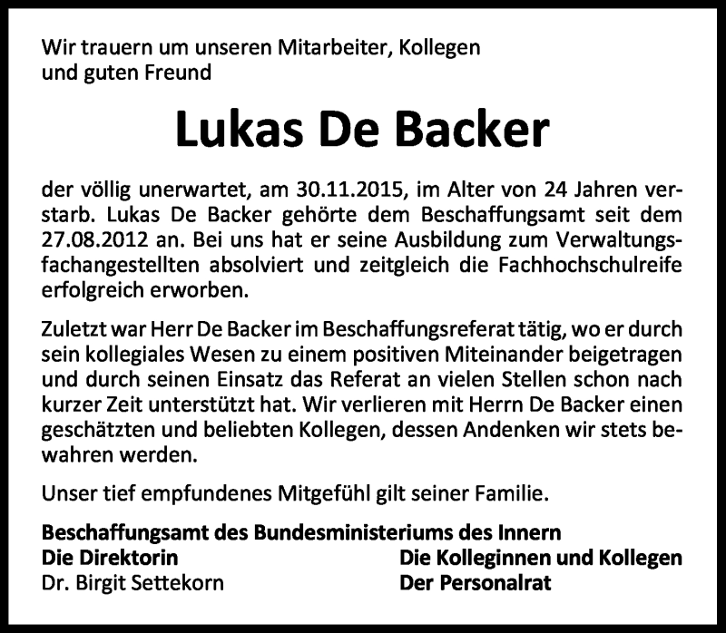  Traueranzeige für Lukas  De Backer vom 12.12.2015 aus General-Anzeiger Bonn