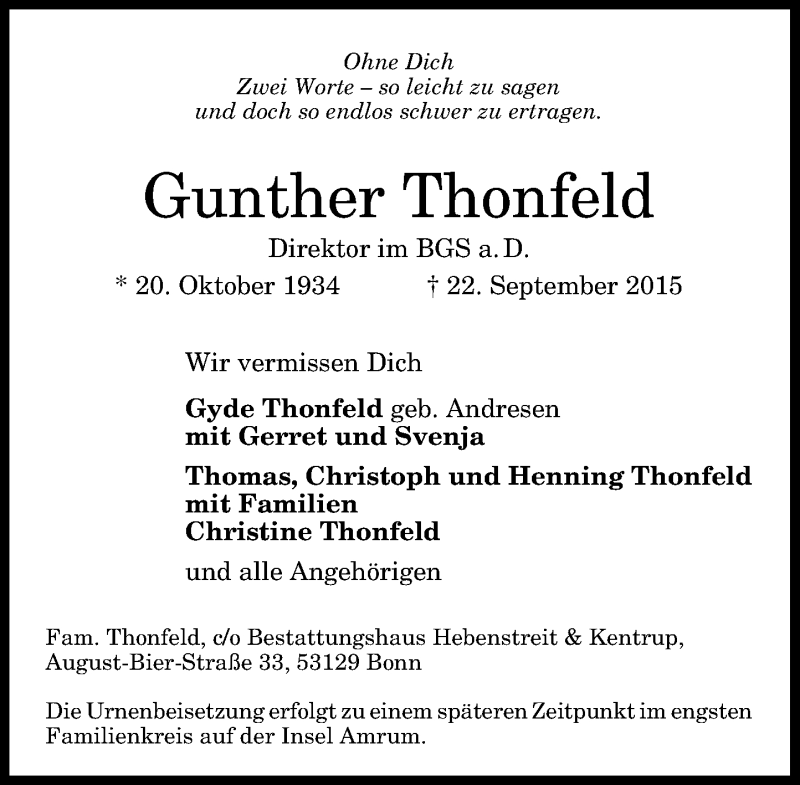  Traueranzeige für Gunther Thonfeld vom 26.09.2015 aus General-Anzeiger Bonn