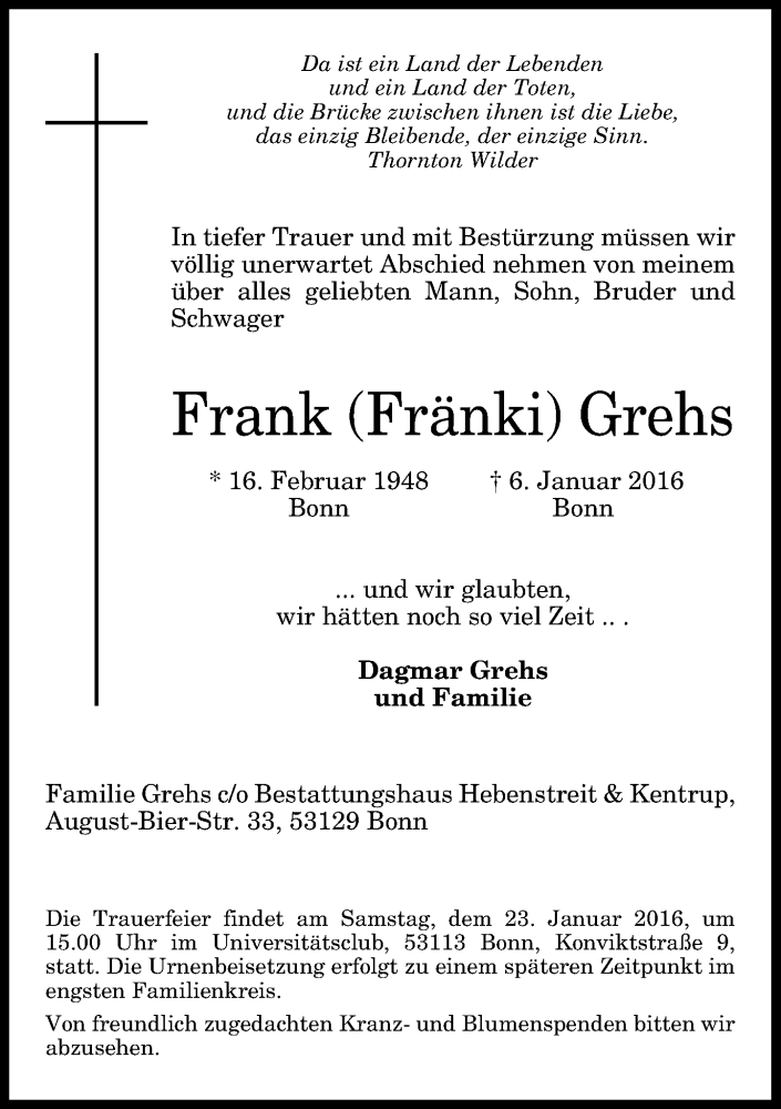  Traueranzeige für Frank Grehs vom 16.01.2016 aus General-Anzeiger Bonn