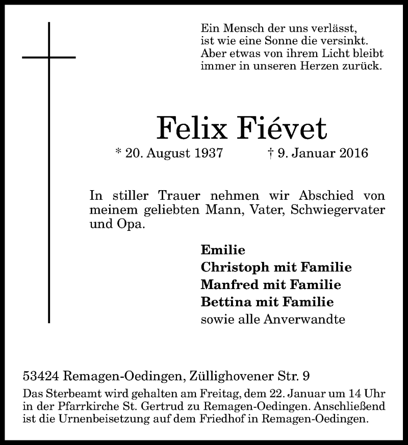  Traueranzeige für Felix Fiévet vom 16.01.2016 aus General-Anzeiger Bonn