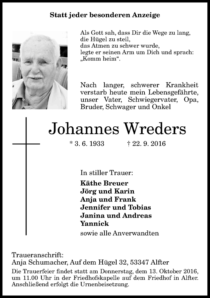  Traueranzeige für Johannes Wreders vom 08.10.2016 aus General-Anzeiger Bonn