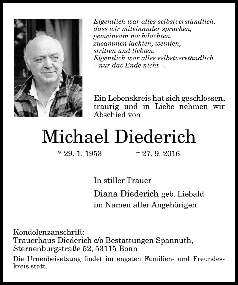  Traueranzeige für Michael Diederich vom 15.10.2016 aus General-Anzeiger Bonn